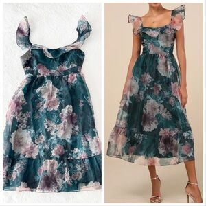 Lulu's Floral Midi Dress in Teal and Pink